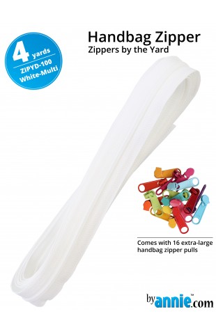 ZIPYD-100-WHITE-MULTI, Zippers White-Multi, 4 yards (3,6 meter) 16 extra large zipper pulls ByAnnie