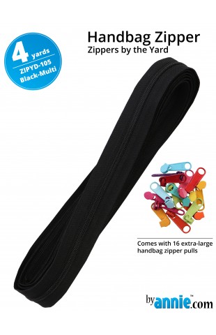ZIPYD-105-BLACK-MULTI, Zippers Black-Multi, 4 yards (3,6 meter) 16 extra large zipper pulls ByAnnie